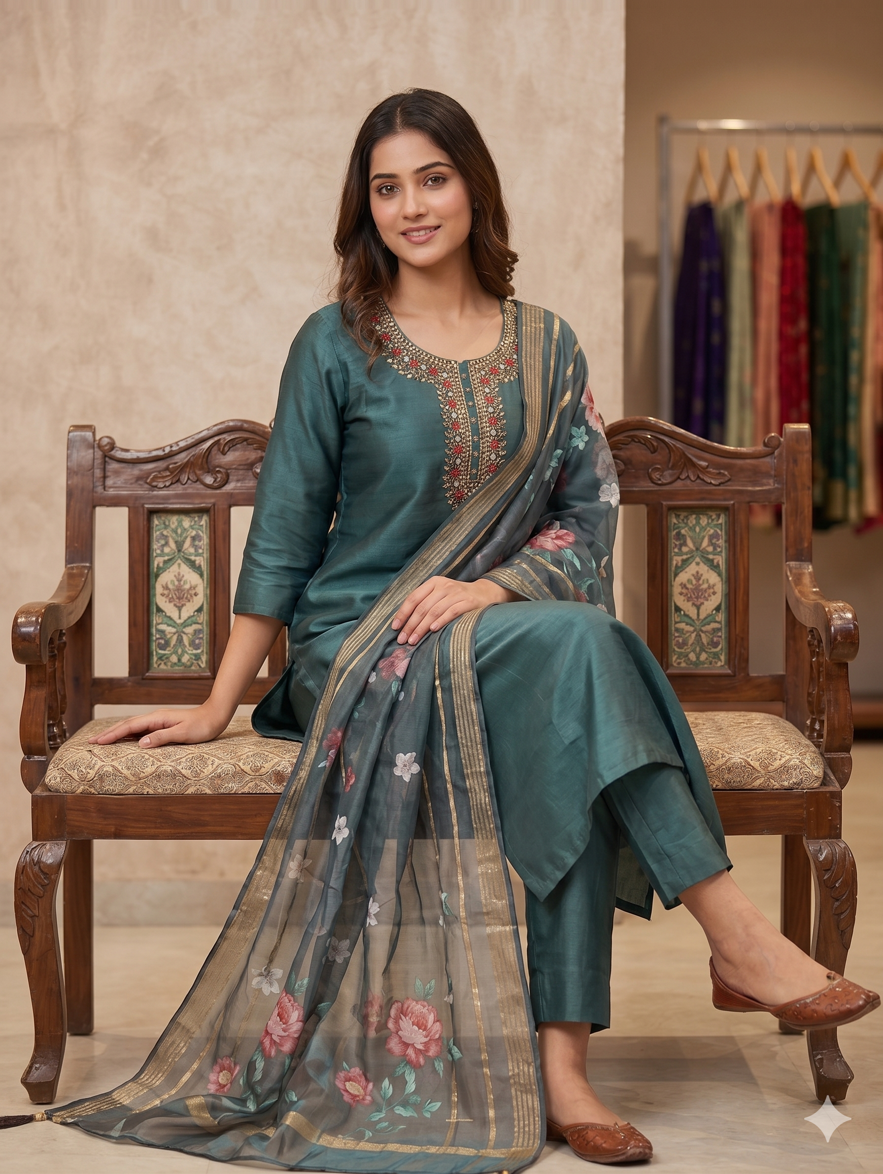 Teal Green Embroidered Kurta Set with Floral Organza Dupatta