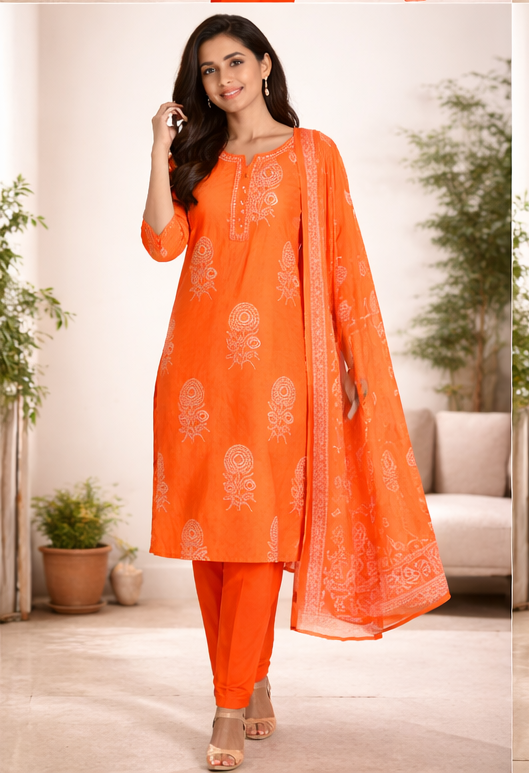 Elegant Orange Printed Kurti with Dupatta Set