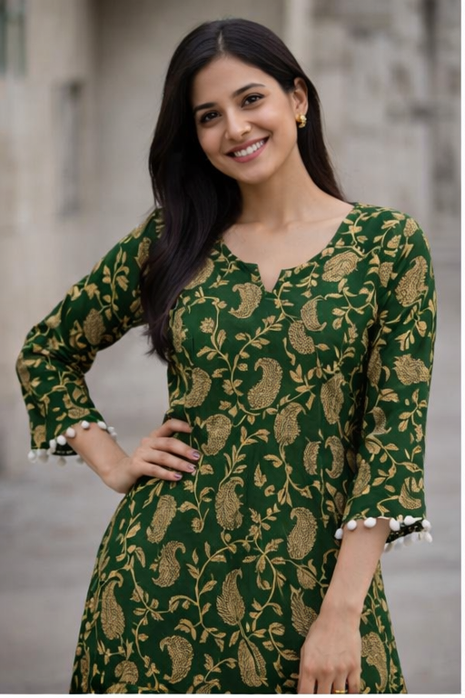 Emerald Forest Paisley Kurti with Pom-Pom Detail